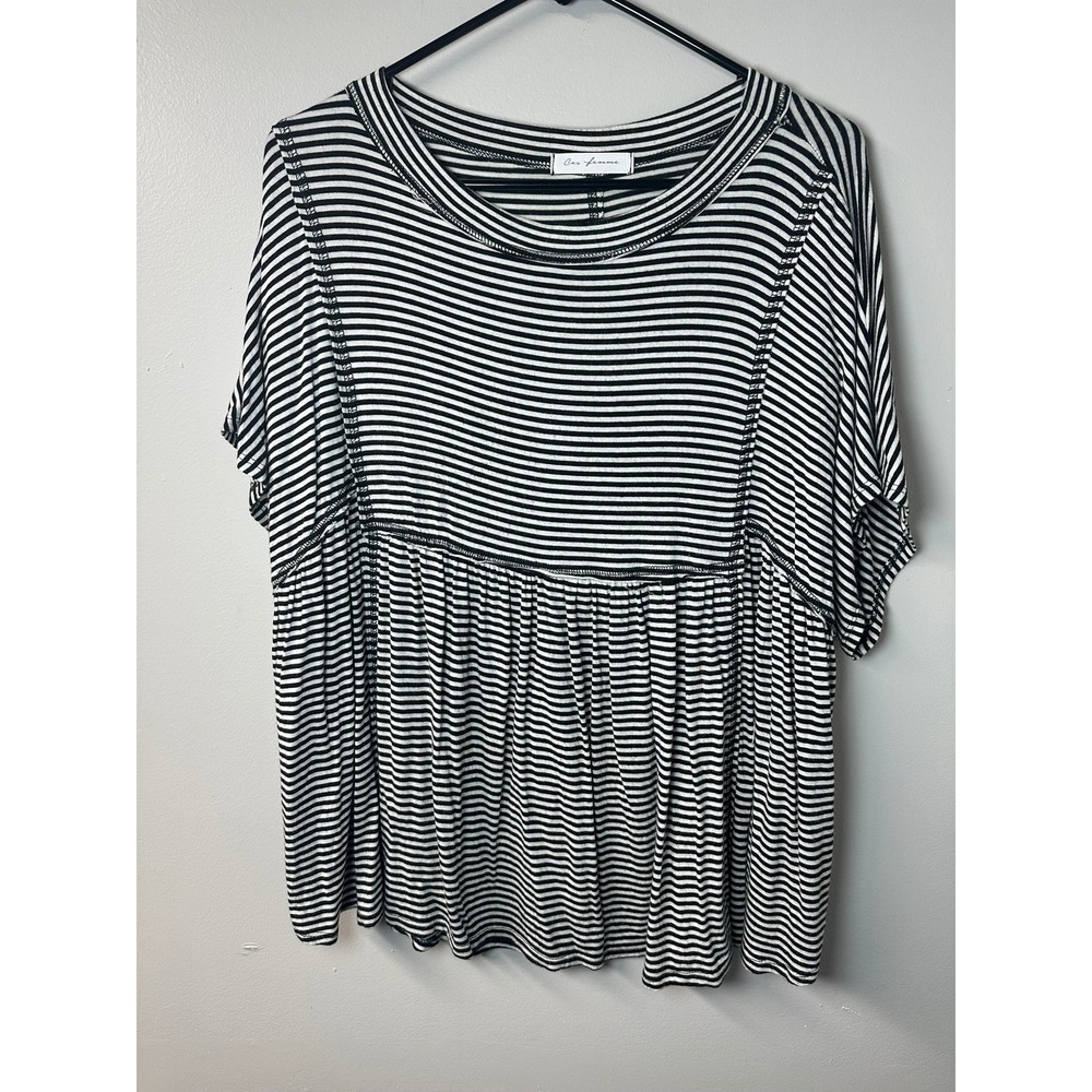 Ces Femme | Black/White Striped Babydoll Top Short Sleeve | Size XL
